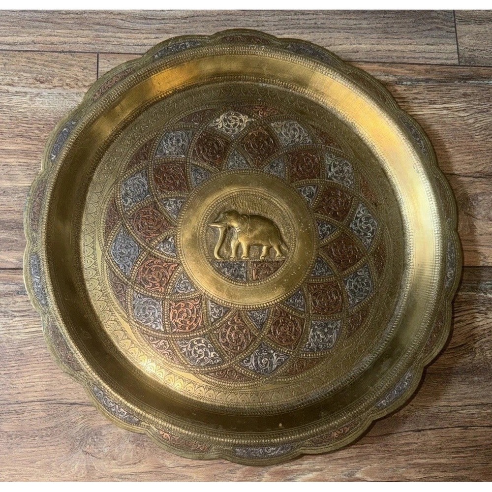 Vintage Brass Elephant Decorative Plate Hand Etched Enamel Indian Wall Decor